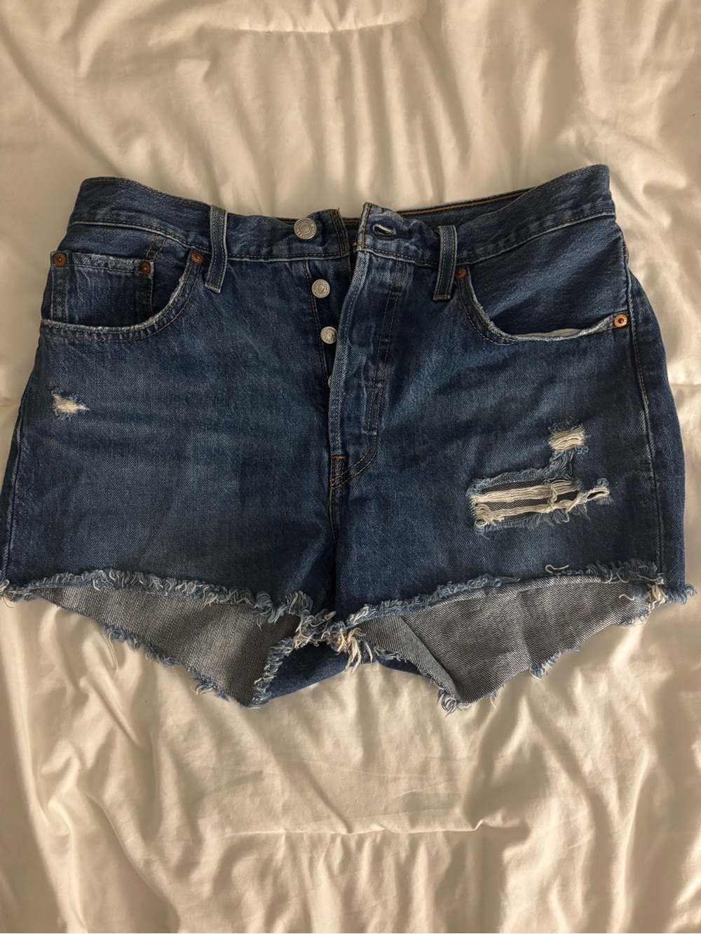 Levi's Dark Blue Distressed High-Rise Denim Shorts
